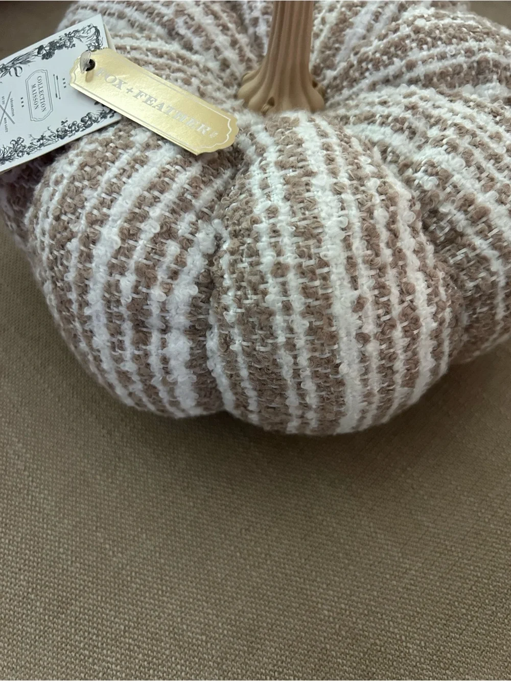 “New” Fox + Feather Neutral Striped Knit Pumpkin Holiday Pillow